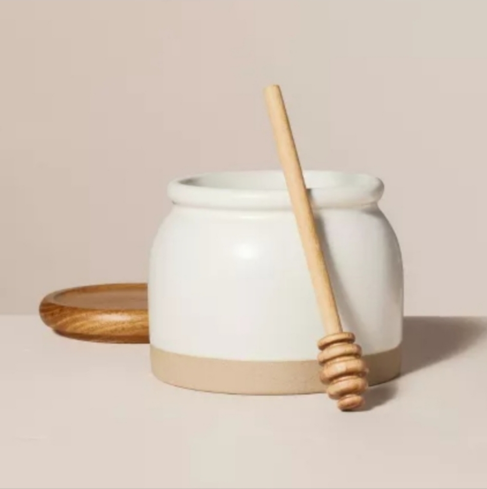 New Hearth And Hand Ceramic Honey Jar with Wooden Dipper